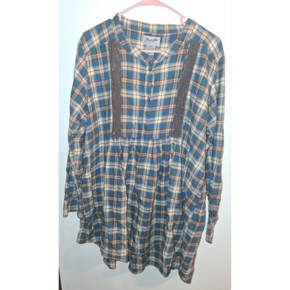 Wrangler Multicolor Plaid Long Sleeve Tunic Blouse Sz XXL - Picture 1 of 3